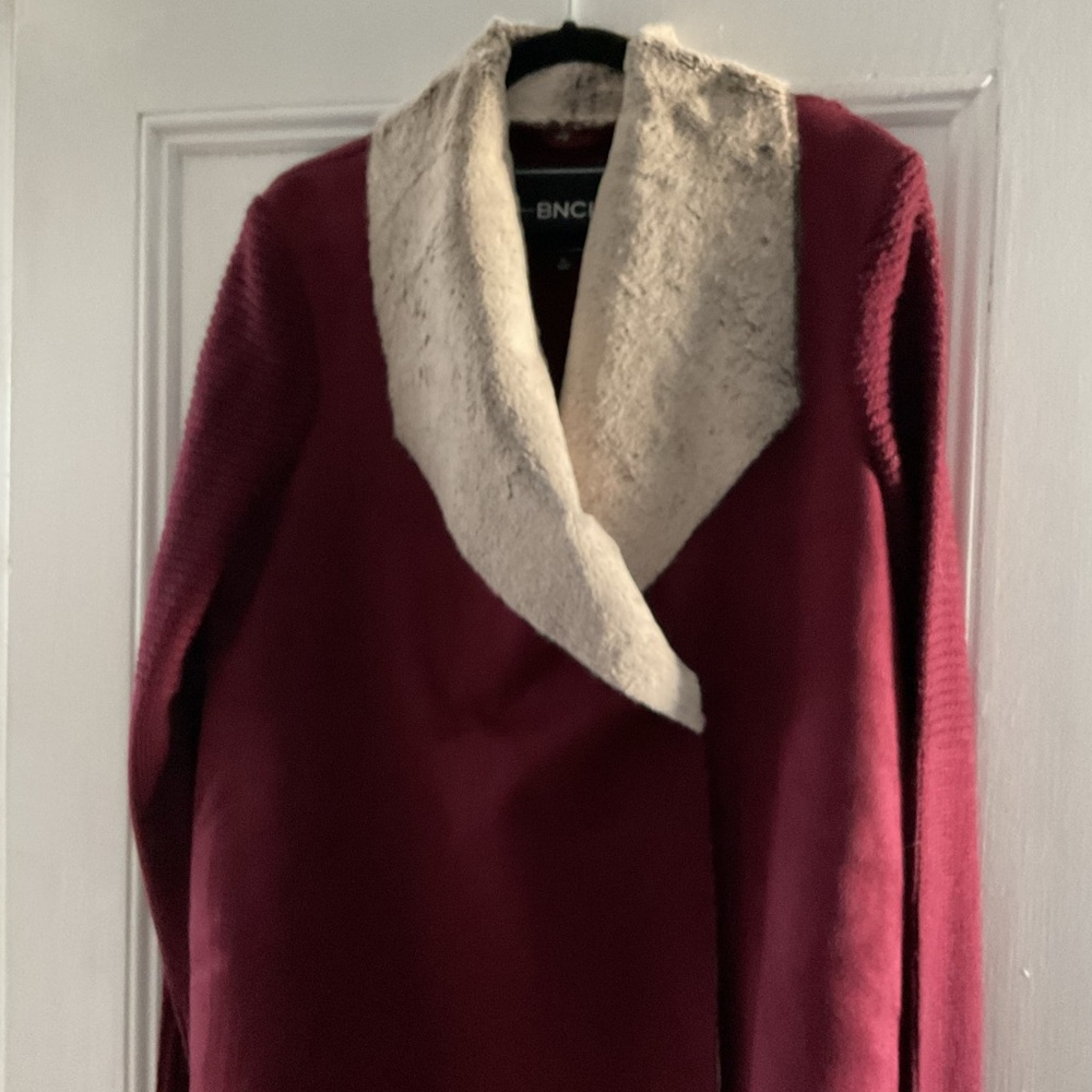 Blanc Noir Red and Cream Cardigan with Plush Collar
